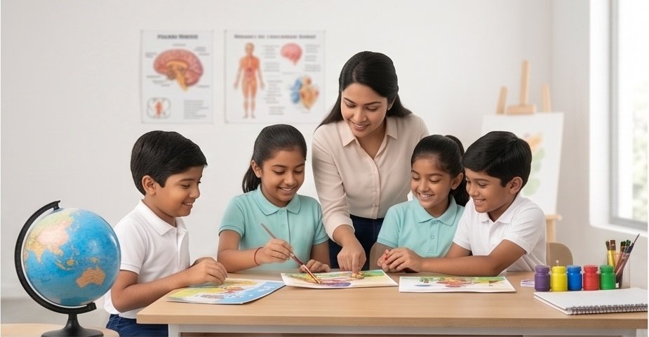 Teacher helping students in a small batch class